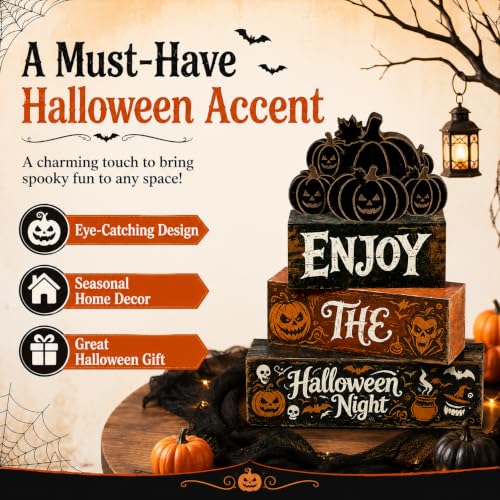 Halloween Wooden Tiered Tray Decor Set with Pumpkin and Spooky Signs