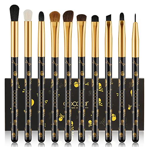 Docolor 10-Piece Eye Makeup Brush Set - Skull Printed Synthetic Brushes for Eyeshadow, Blending, Concealer & Eyebrows