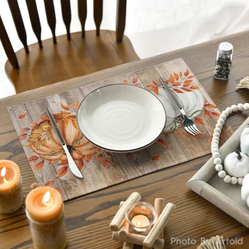 12x18 Inch Fall Leaves & Pumpkin Placemats Set of 6 - Wooden Rectangular