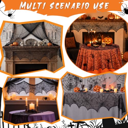 Halloween Black Lace Spiderweb Fireplace Mantle Scarf Cover - 18x96 Inch
