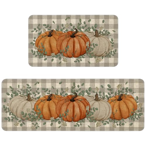 Fall Kitchen Mats Set of 2 - Non Slip Washable Pumpkin Eucalyptus Decor - Yellow Variation