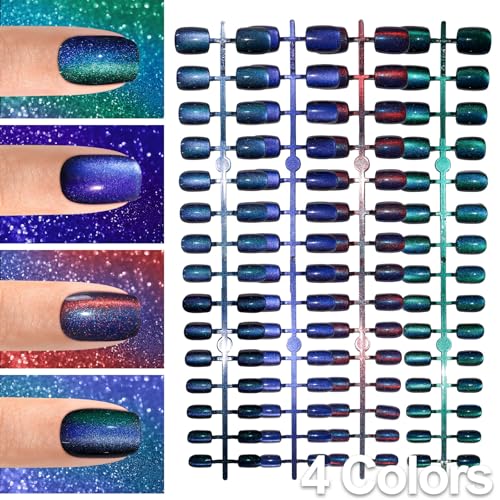 Allstarry Cat Eye Press-On Nails 120pcs Short Square Galaxy Blue - Chameleon Glossy
