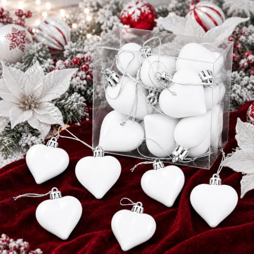 White Heart Ornaments Set of 12 - Mini Valentine & Christmas Tree Decorations