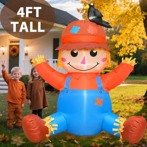 4FT Fall Thanksgiving Inflatable with LED Lights - Scarecrow & Crow Decoration