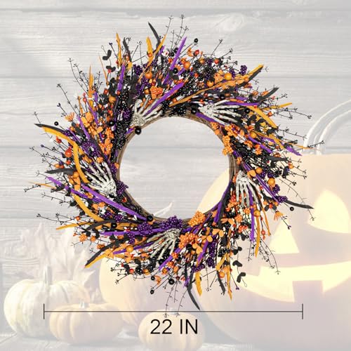 Halloween Wreath for Front Door 22 Inch Black Skeleton Decor with Berries