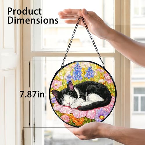 Cat Flower Stained Glass Window Hanging – Handcrafted Sun Catcher with Metal Frame, 7.9 Inches
