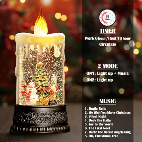 Christmas Snow Globe Candle with Music & Timer - Indoor Holiday Decor - 9.7 Inch - USB/Battery Powered - Christmas Candle Variation