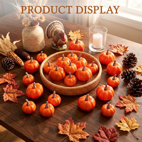 Orange Artificial Pumpkins Set - 24 Pcs Fall Halloween Thanksgiving Decor