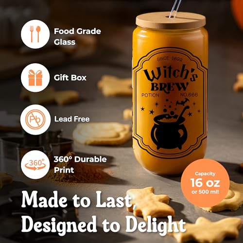 Clear Witch Halloween Glass Cup - 16oz Spooky Boo Coffee Mug with Lid & Straw