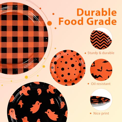 Halloween Paper Plates 9 Inch Pack - Heavy Duty Buffalo Plaid Ghost Pumpkin Design, Disposable Party Tableware