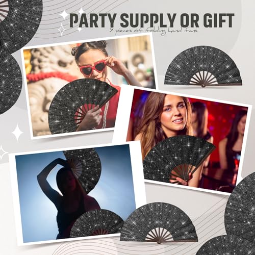 Halloween Glitter Black Folding Hand Fans Set - 9 Pack for Party & Celebration