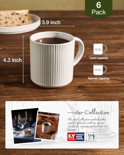 Oat Coffee Mug Set of 6 - 16 oz Large Handcrafted Stoneware Cups with Handle