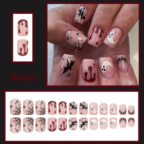 Halloween Press-On Nails Short Square Ghost Bat Blood Spider Web Design 24Pcs