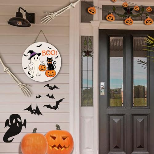 Halloween Boo Door Hanger Ghost and Black Cat Sign - 12x12 Inch Outdoor Wreath with Jack-o'-Lanterns and Bats - Black Cat Ghost Variation