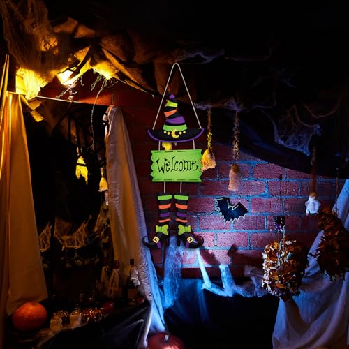 Halloween Witch Sign Decoration Welcome Hanging Wooden Wall Decor - Witch Hat & Legs