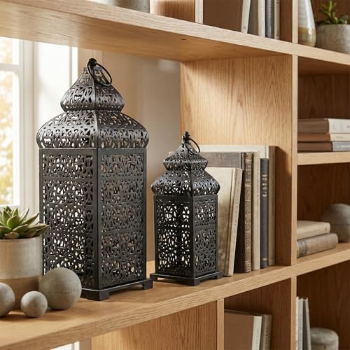 11-Inch and 15-Inch Black Moroccan Candle Lantern Set of 2 - Indoor Decorative Lanterns with Filigree Cutouts