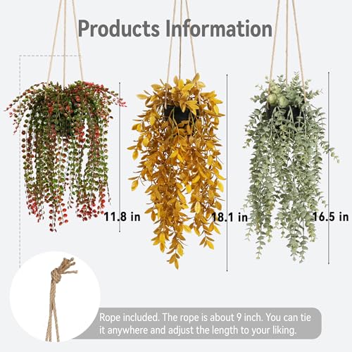 Artificial Hanging Plants with Black Pots - Fall Decor Set of 3 - Detachable Twines