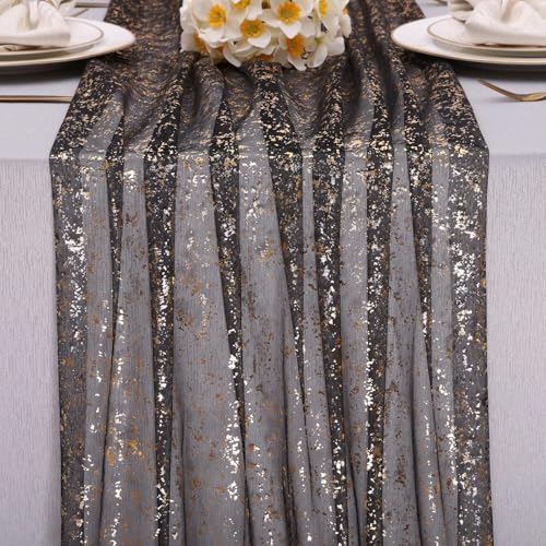 10ft Black and Gold Sequin Table Runner - 120 Inch Metallic Foil for Wedding & Party
