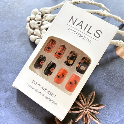 Halloween Press On Nails 24Pcs Medium Square Bat Spider Web Design - Halloween Nails 2
