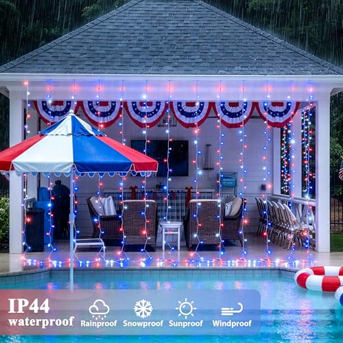 JMEXSUSS 300 LED Curtain Lights for 4th of July - Red White & Blue, 9.8x9.8ft, Outdoor Indoor Decor with Remote