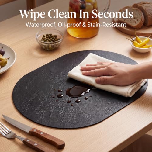 Faux Leather Placemats Set of 6 - Black, Ultra-Thick 2mm, No-Curl Flat Pack