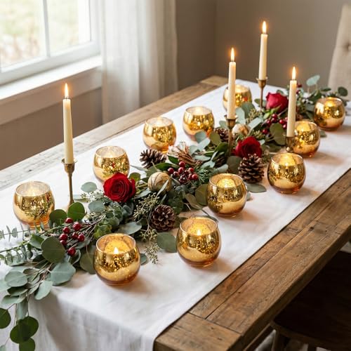 Set of 14 Gold Speckled Mercury Glass Votive Candle Holders with LED Tea Lights for Weddings & Events