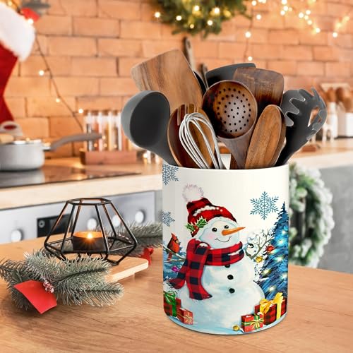 Christmas Snowman Ceramic Utensil Holder - Holiday Kitchen Decor - Pinata