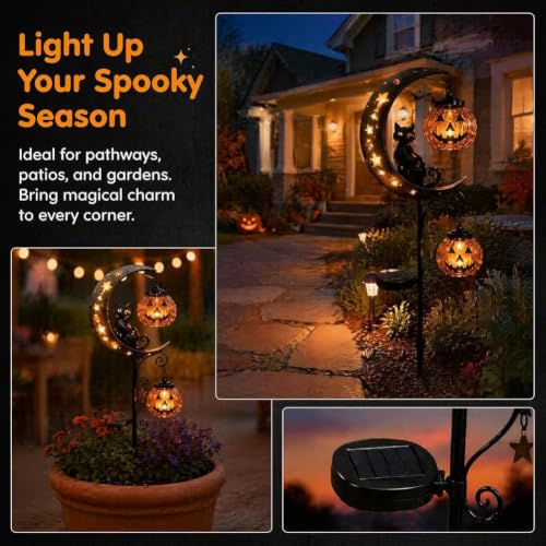 Solar Halloween Garden Stake Light with Black Cat & Pumpkin Moon - Style A