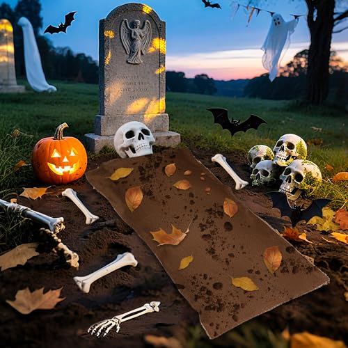 Halloween Graveyard Mound Cover Set - Brown Burlap Haunted Cemetery Decor, 5.9 x 2.3 ft, 2-Pack with Stakes