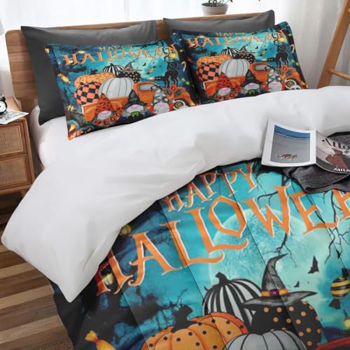 King Comforter Set with Halloween Gnome Pumpkin - 3-Piece Bedroom Decor
