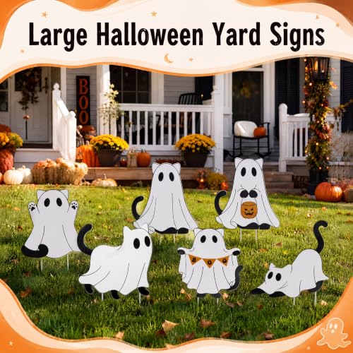 Halloween Ghost Cat Yard Signs with Stakes - Outdoor Decorations Set of 6