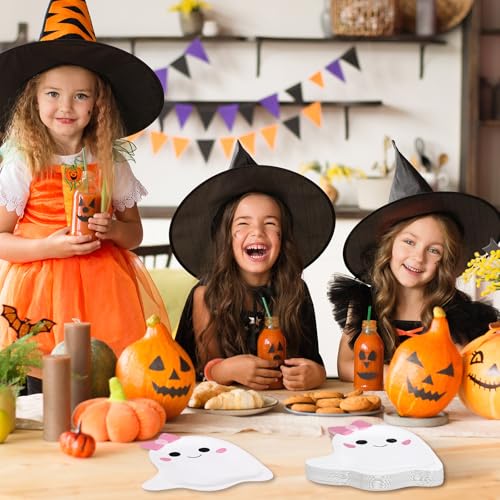 Halloween Ghost Paper Plates with Pink Bow - 50 Pack Disposables