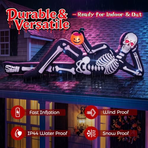 12FT Inflatable Halloween Skeleton Decoration with Glowing Red Eyes and Pumpkin Trunk