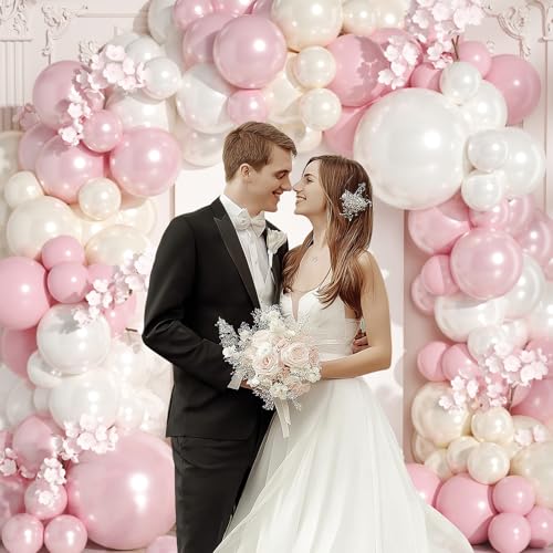 Pink & White Balloon Arch Kit - Double Stuffed Pearl Balloons for Wedding Birthday Bridal Shower - Variation: White Pink Cream