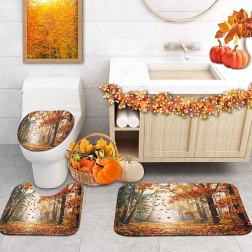 Autumn Halloween Bathroom Rug Set of 3 - Maple Leaf Harvest, Non-Slip Microfiber Bath Mats