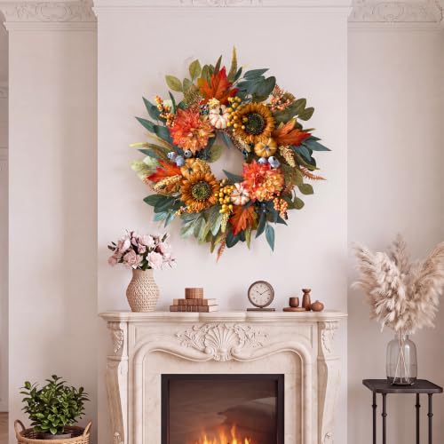 Orange Fall Wreath for Front Door 24 Inch Autumn Door Decor Handmade Seasonal