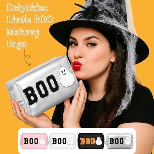 Halloween Makeup Bag with Chenille Patch - Silver - Large Travel Cosmetic Organizer