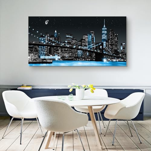 Night View Canvas Wall Art - New York Manhattan Brooklyn Bridge 48x24 Inches Blue Cityscape Framed