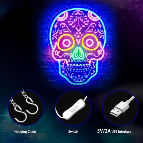 Skull Neon Sign for Wall Decor - LED Neon Light for Gaming, Man Cave, Room