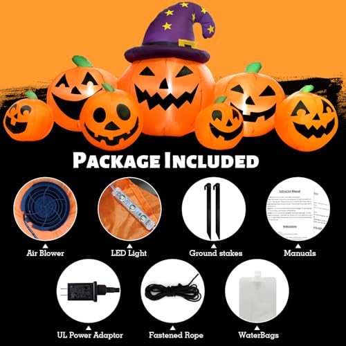 Round 8FT Halloween Inflatable Pumpkin with Witch Hat Yard Decor - Outdoor