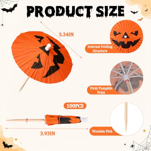 Summer Halloween Party Decorations Set with 100 Drink Umbrellas & 100 Cocktail Picks - 5 Designs for Cocktails, Cupcakes & Snacks