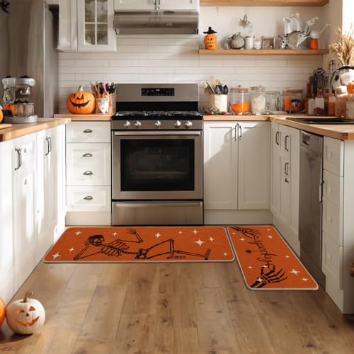 Skeleton Halloween Kitchen Mats Set of 2 - Orange, 17x29 & 17x47 Inches