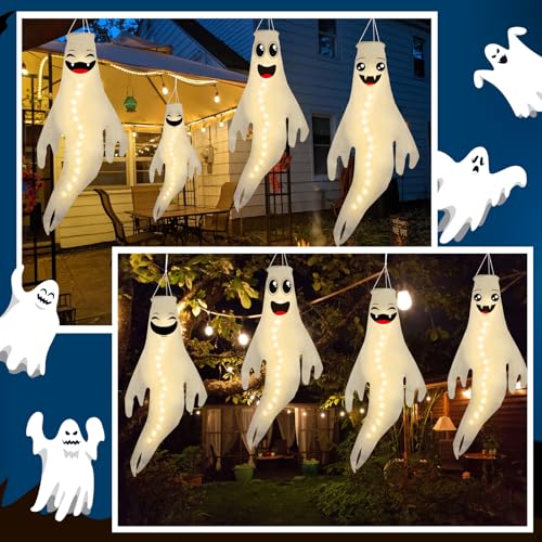 Warm Light Halloween Ghost Windsocks Set - 4 Cute 43 Inch Outdoor Decorations