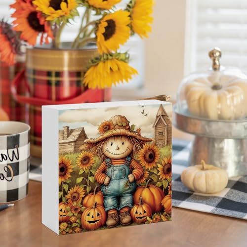 Fall Decor Pumpkin Scarecrow Wooden Box Sign - Autumn Harvest Rustic Home Accent