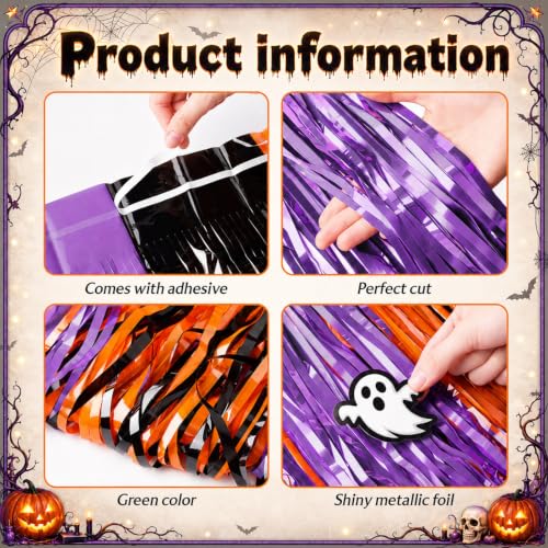 Halloween Foil Fringe Table Skirts Set - 4 Pack, Black, Orange & Purple, 108 Inch