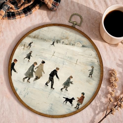 Winter Ice Skating Wall Art Decor - Round Canvas Framed for Home & Living Room
