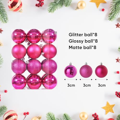 Mini Christmas Ornaments Set - Shatterproof Hanging Balls for Xmas Tree - Rose Red, 30mm, 24 Pack