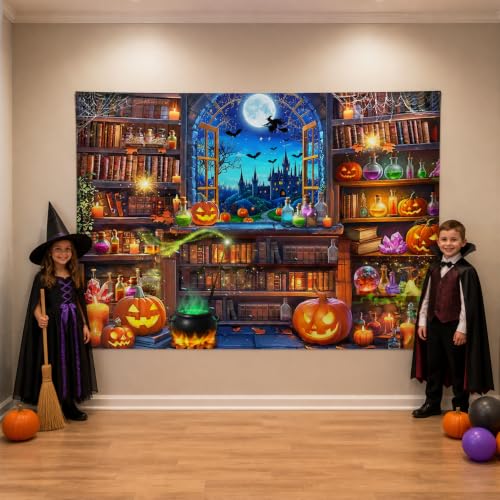 Halloween Magic Photography Backdrop 10x8 FT - Spooky Witch Window Bookshelf Scene