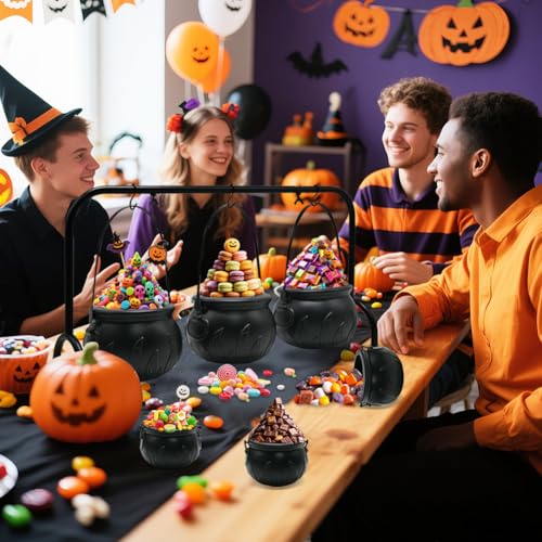 Halloween Cauldron Set with Rack - 3 Large & 6 Mini Black Plastic Cauldrons for Party Decor