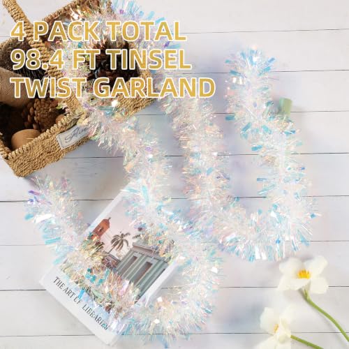 Iridescent White Tinsel Garland - 100 ft Metallic Christmas Decorations